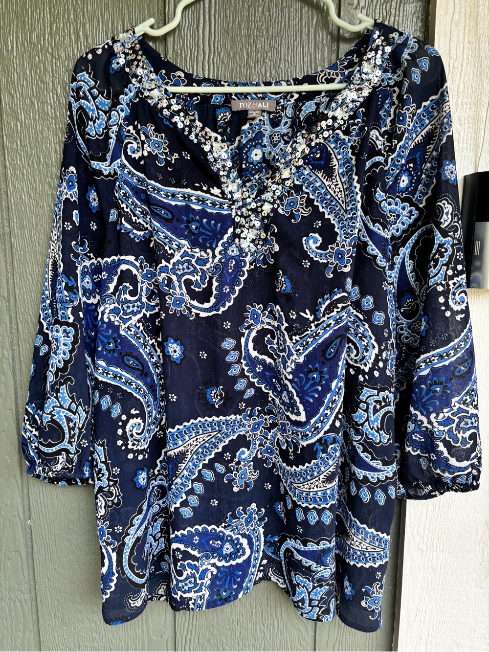Roz & Ali Blue Paisley Sequin Embellished Peasant Boho Blouse